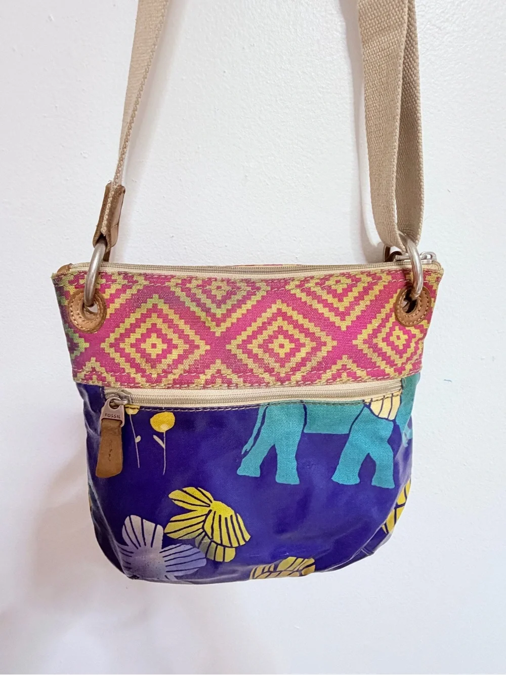 Fossil Blue Elephant Print Crossbody Bag with Pink Pattern Trim